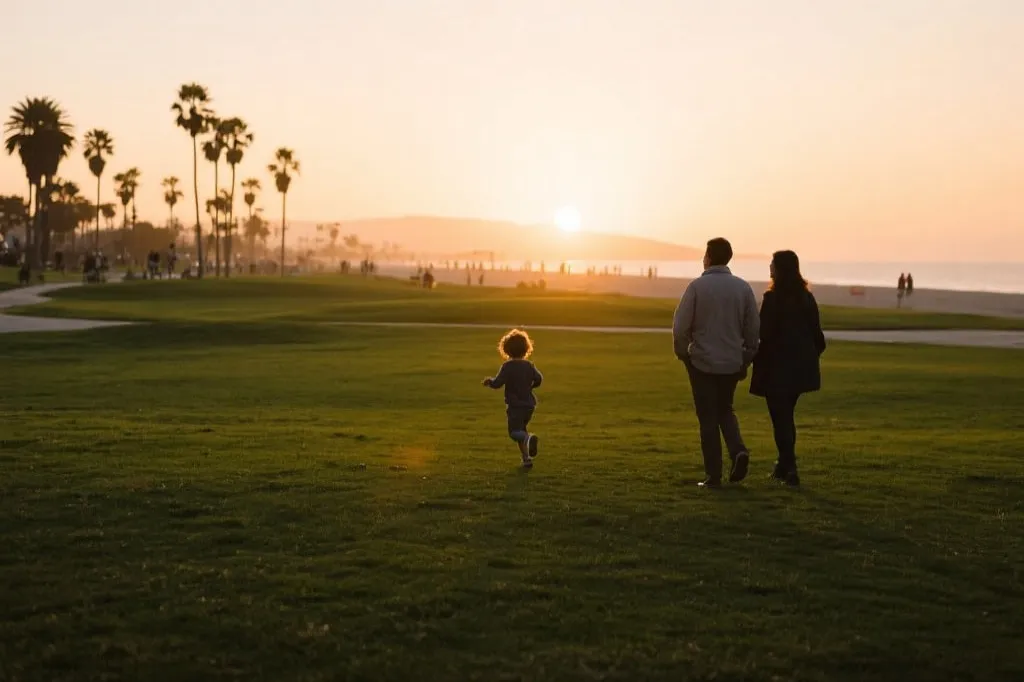 洛杉矶亲子旅行：海边公园散步、孩子放电、远处城市天际线，柔和夕阳